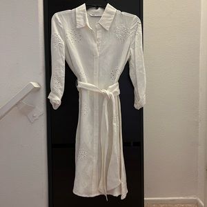 Zara White Eyelet Button-Down Shirt Dress with Tie Belt